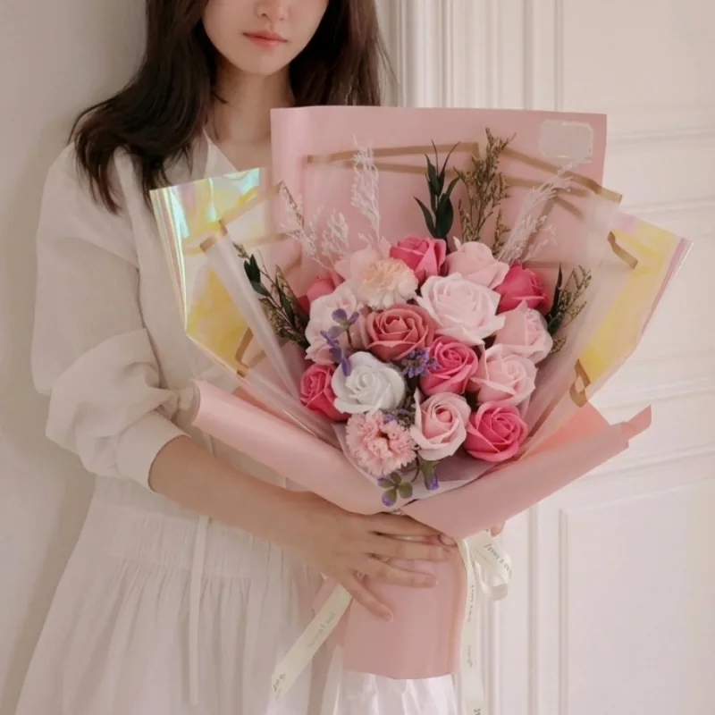 레아토 비누꽃다발 프리저브드 조화 꽃다발 생일 기념일 축하 선물 +쇼핑백+LED전구+카드, 1개