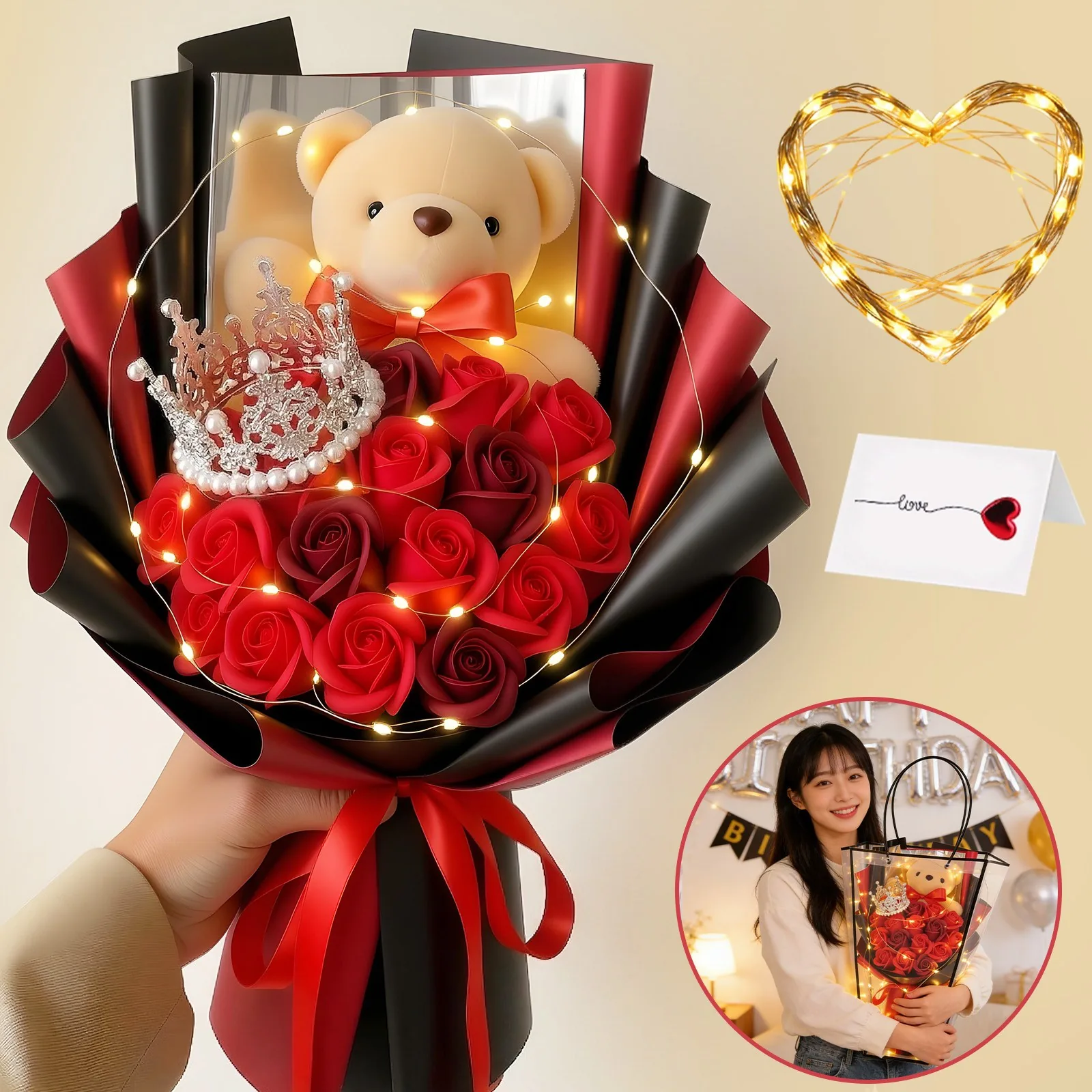 Belua 비누꽃 장미 꽃다발 16송이 곰인형 왕관 LED 선물박스 발렌타인데이 생일 기념일 선물