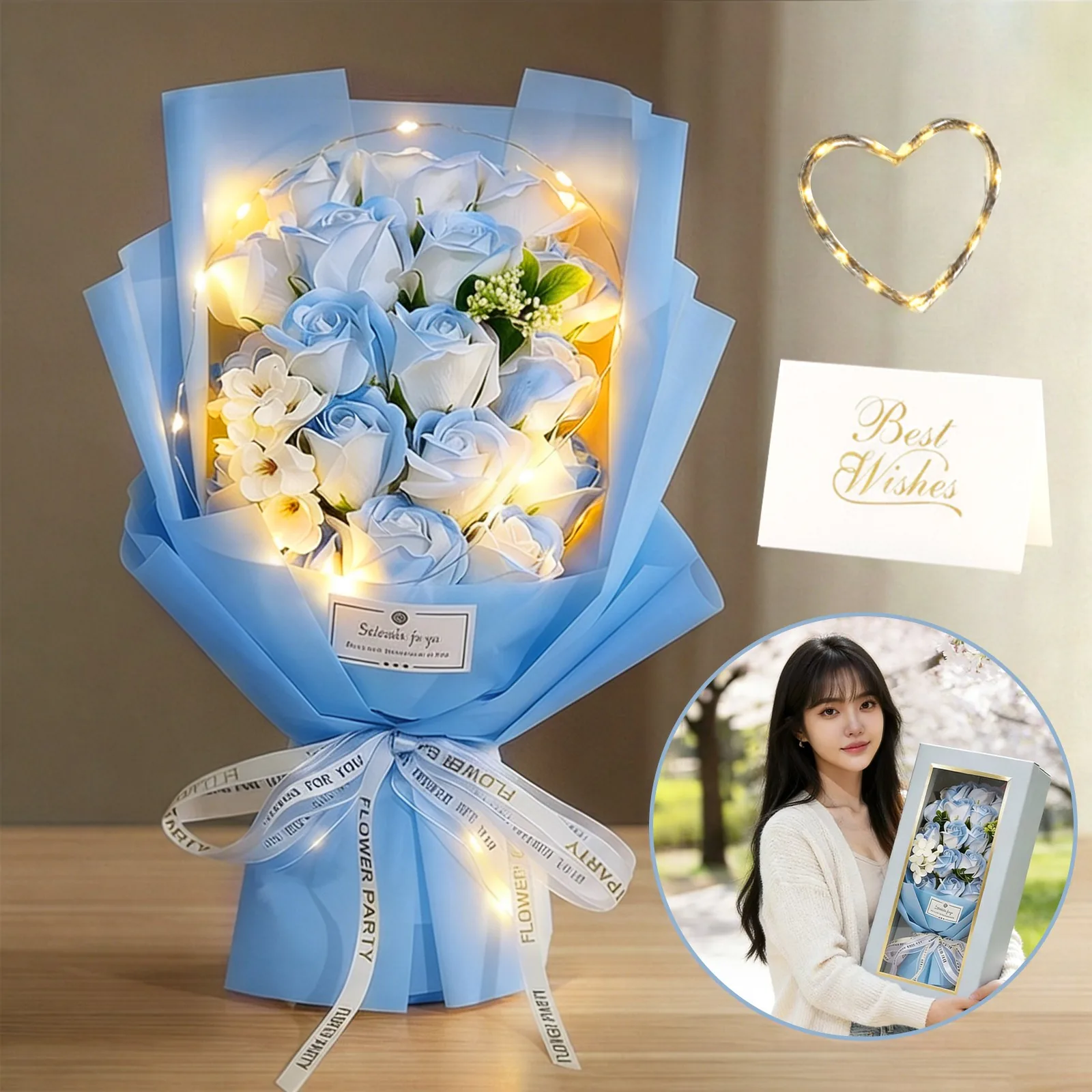 LED 장미꽃 18송이 영구보존 꽃다발 선물세트 기프트박스 카드포함 졸업 기념일 추천