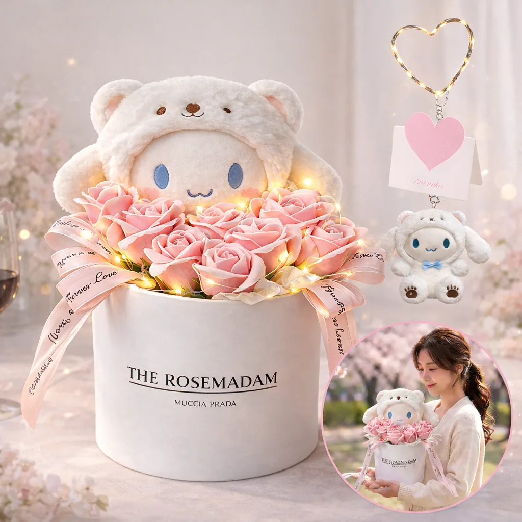 Flyaiku 비누꽃 장미 꽃다발 11송이 곰인형 LED 선물박스 생일 기념일 선물